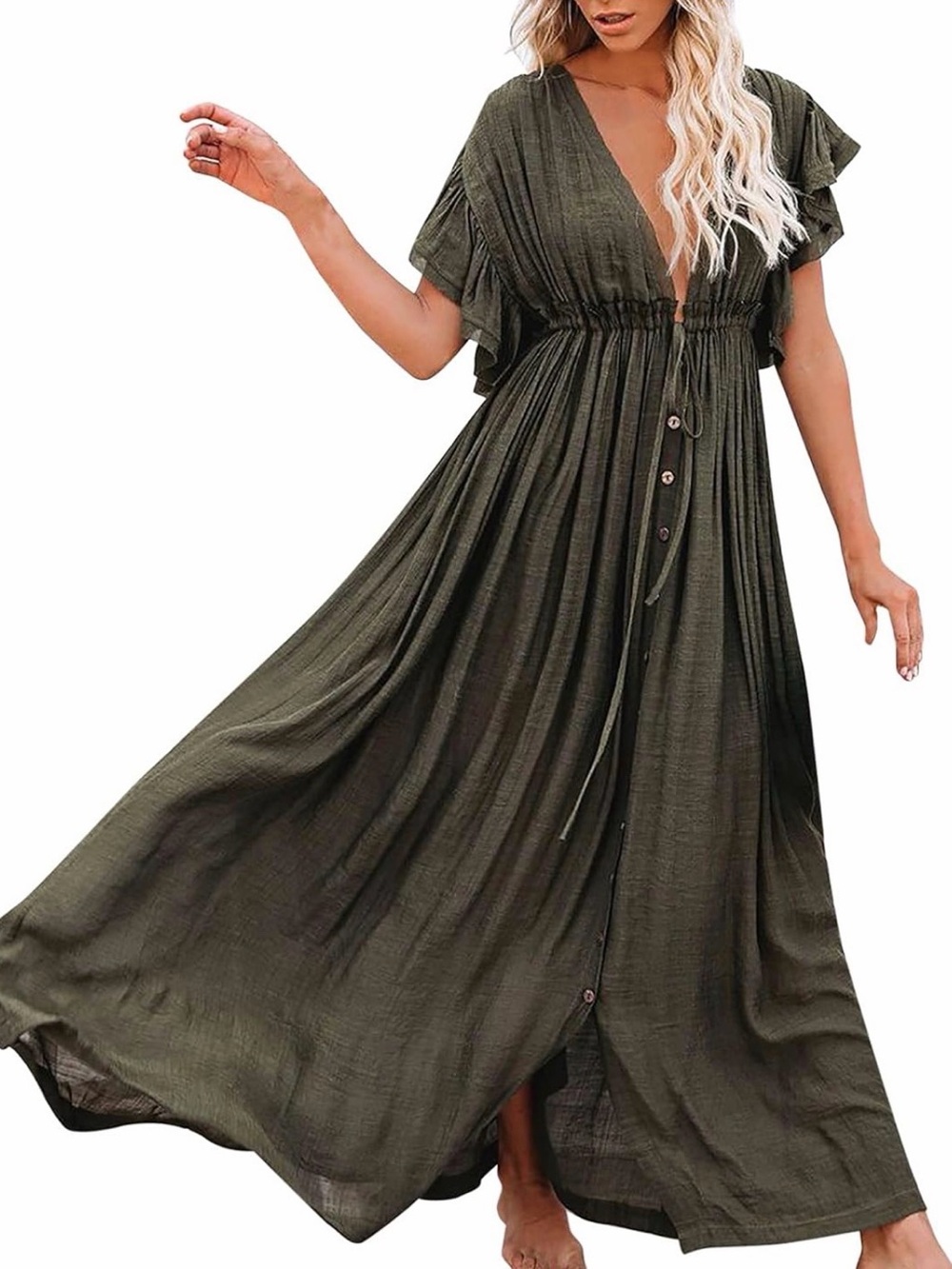 Olive Green Maxi Dress with Button Front